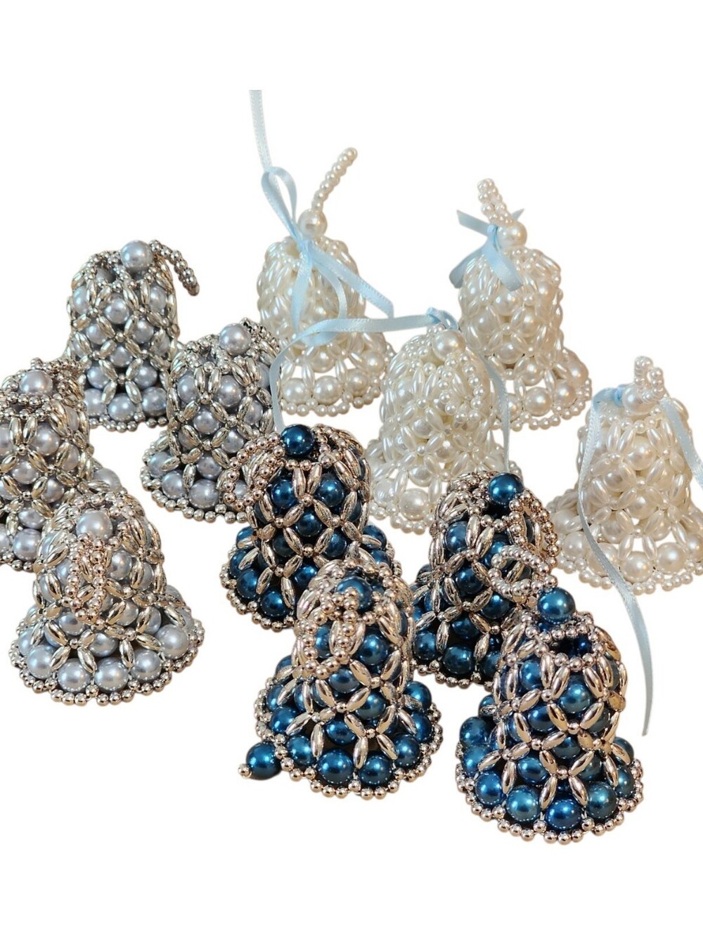 VTG Handmade Beaded Bell Christmas Ornaments Plastic Faux Pearls Retro Lot Of 12